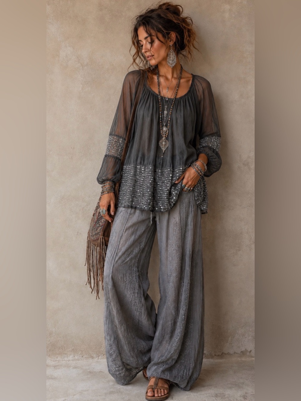 Tempo Paris Charcoal Silk Blend Sheer Tunic w Knobby Netting & Sequin Inserts -M